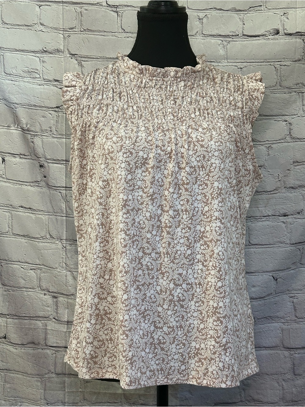 Adrianna Papell Blush Floral Smocked Ruffle Neck Sleeveless Top